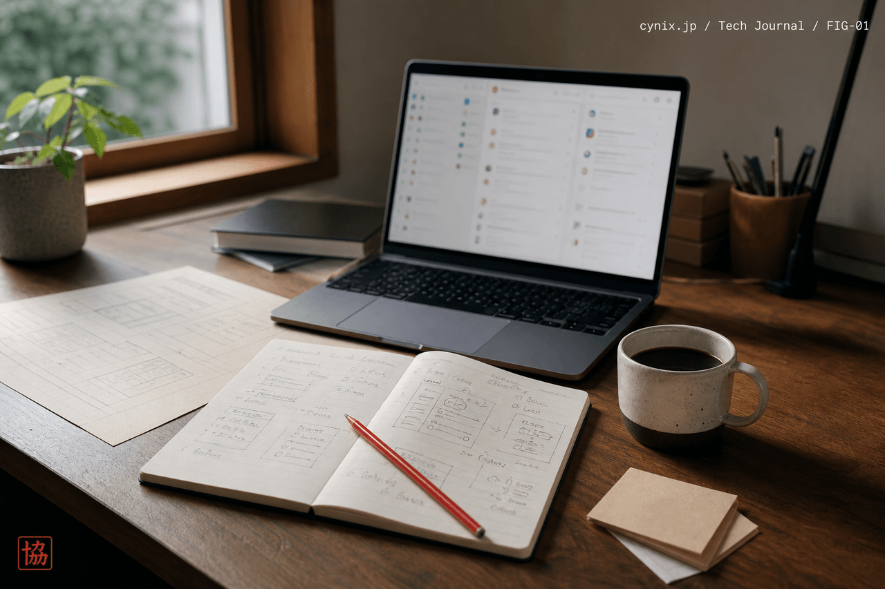 編集部デスクでChatworkとNotionを並べて検証する手元