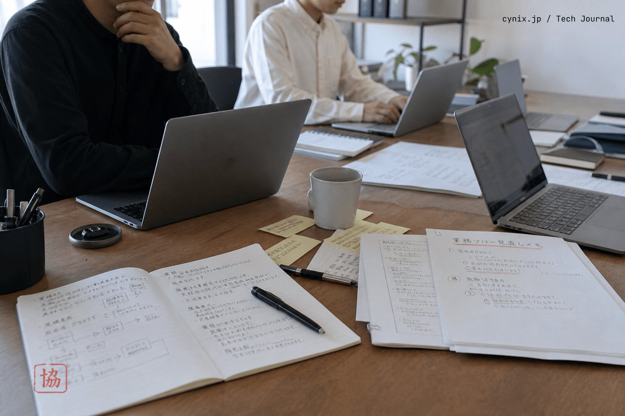 編集部の会議机に並ぶノートPCと中小企業の業務メモ