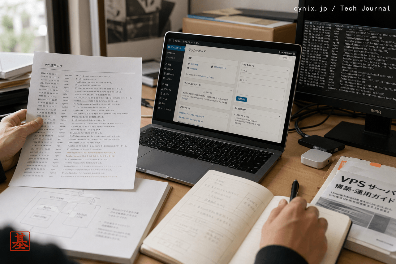 編集部デスク上のノートPCとVPS検証ログ、WordPress移行作業の記録