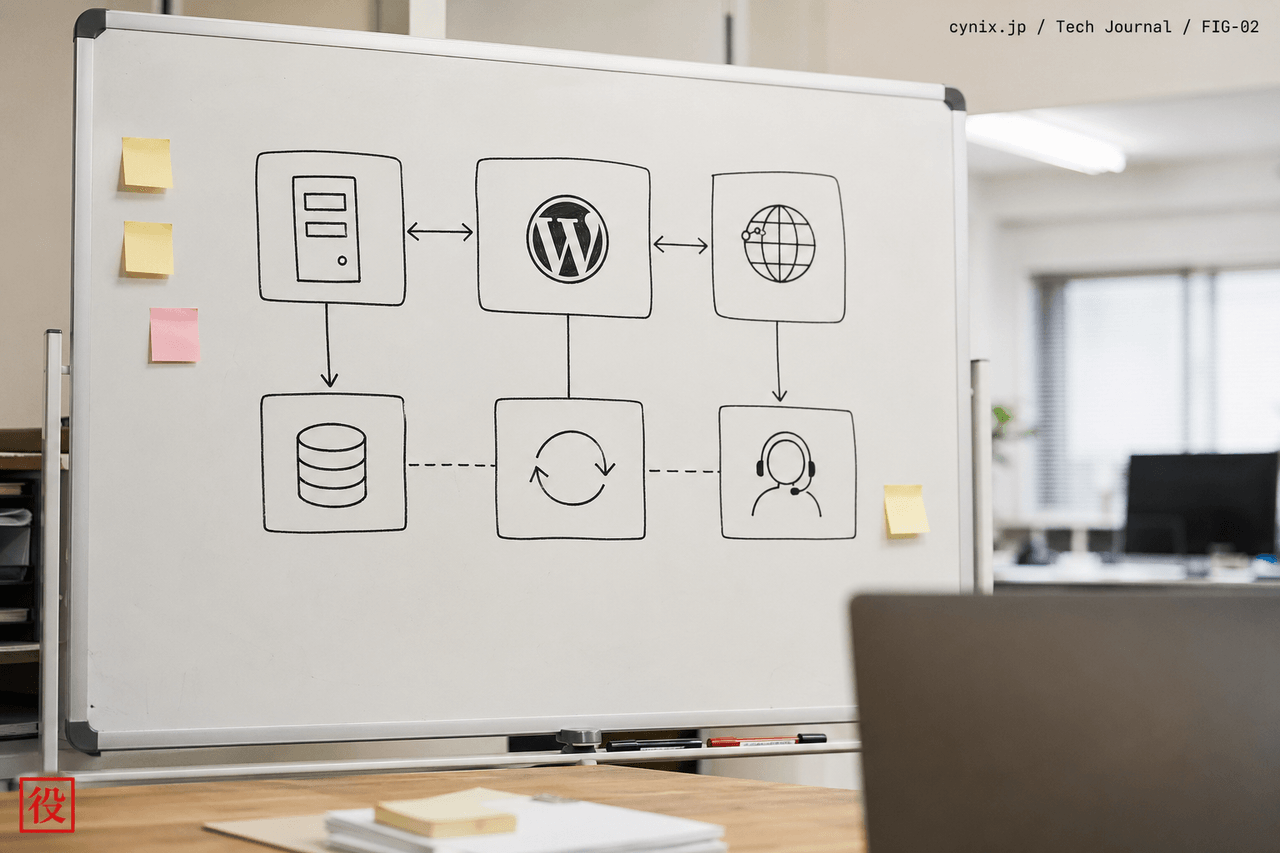 WordPressの負荷要因を付箋で分類した編集部の白板