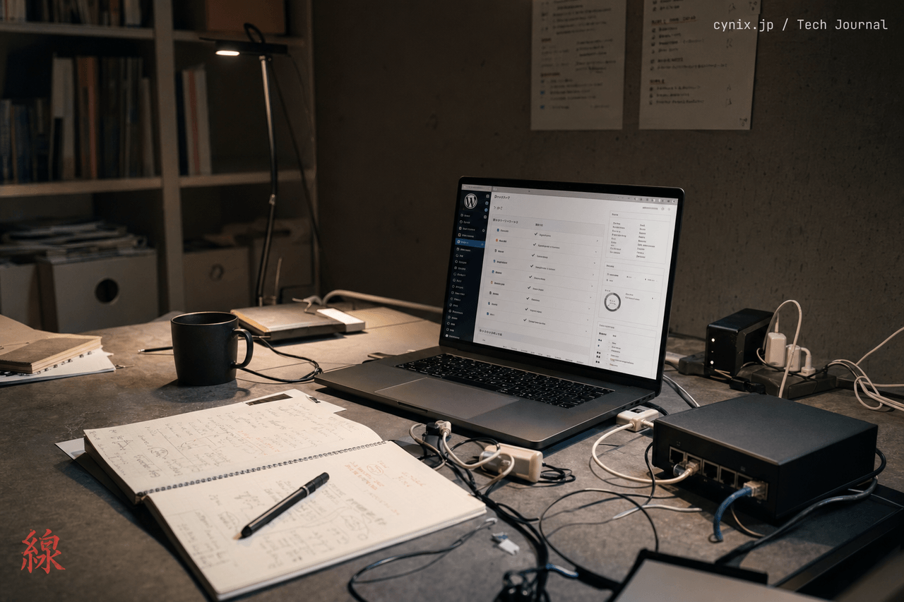 編集部デスクでWordPressサーバー候補を検証する夜の作業風景